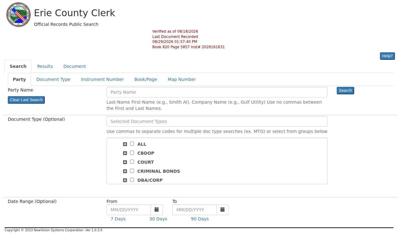 Town of Hamburg residents directory Erie County Clerk deed index choices