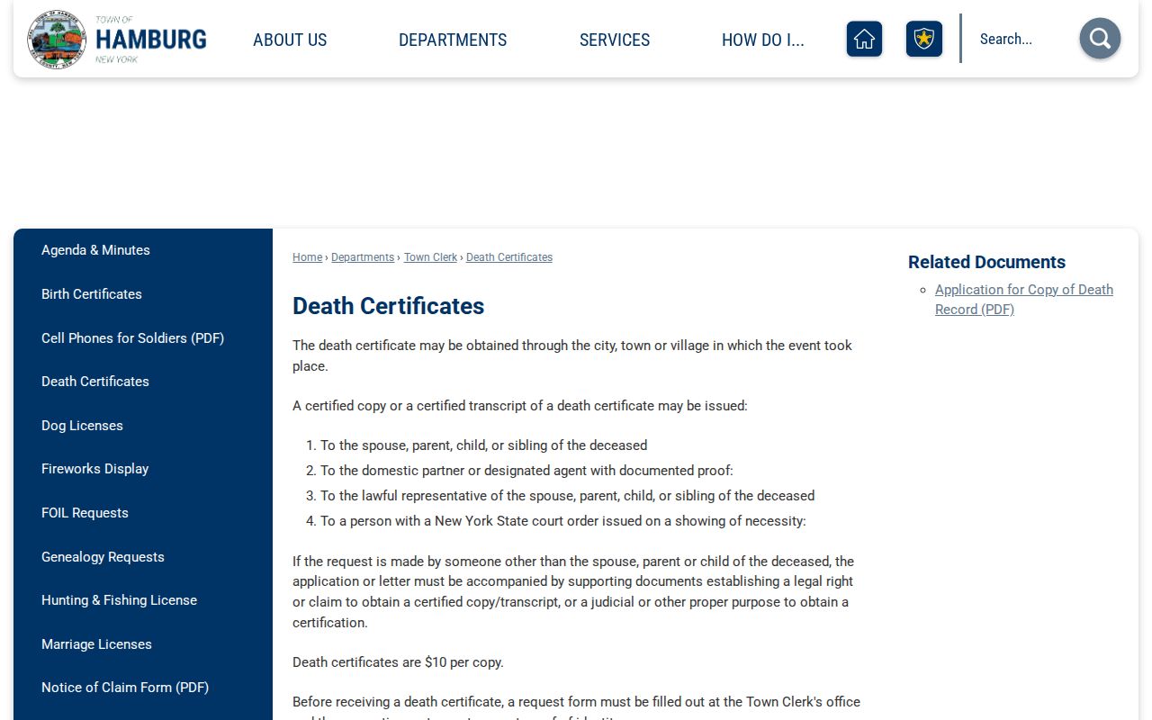 Town of Hamburg resident lookup death certificate application information
